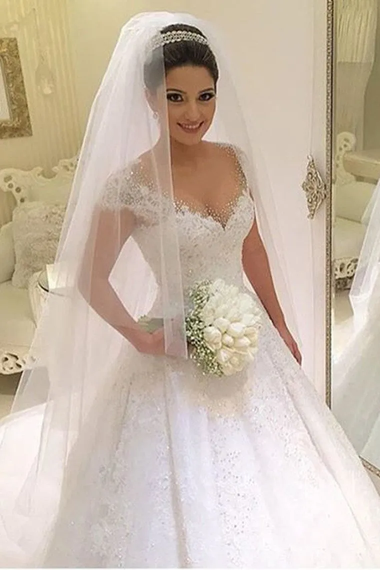 A Line Cap Sleeves Wedding Dresses Tulle With Applique And Beads Court Train DME67
