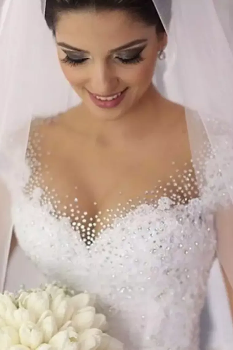 A Line Cap Sleeves Wedding Dresses Tulle With Applique And Beads Court Train DME67