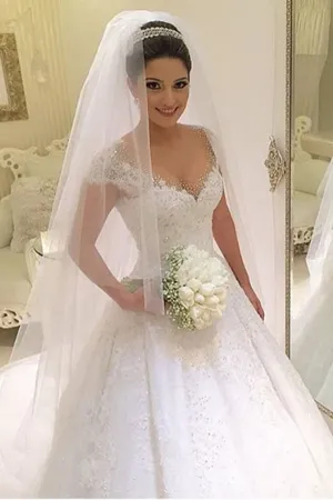 A Line Cap Sleeves Wedding Dresses Tulle With Applique And Beads Court Train DME67