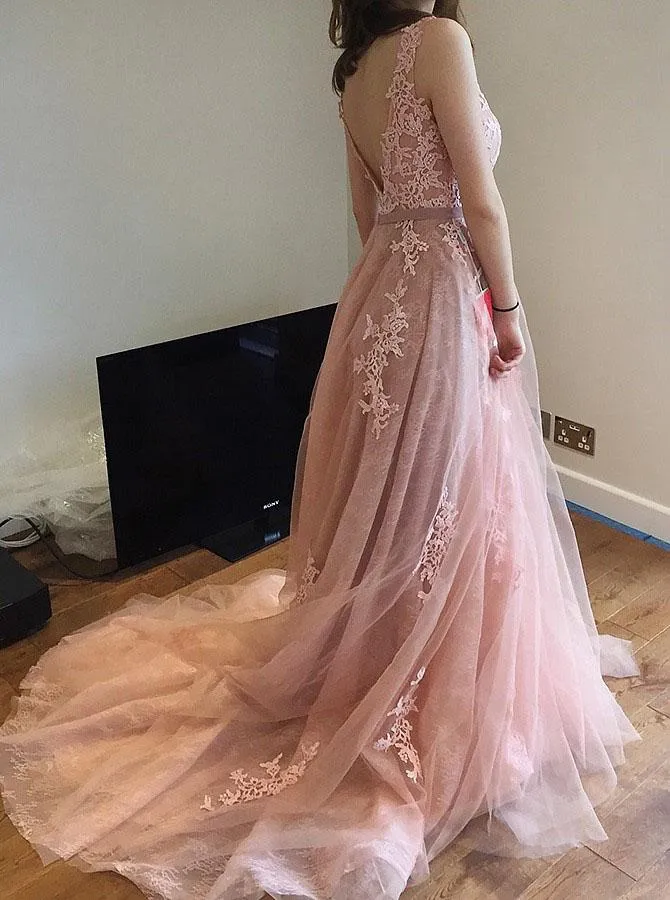 A-Line Court Train Backless Pink Tulle Prom Dress with Lace Appliques DME41