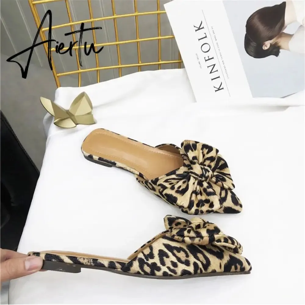 Aiertu Women Slippers Pointed Toe Leopard Bow Mules Shoes Slip On Fashion Outside Shallow Beach Shoes Slides Flats Heeled Size 35-40