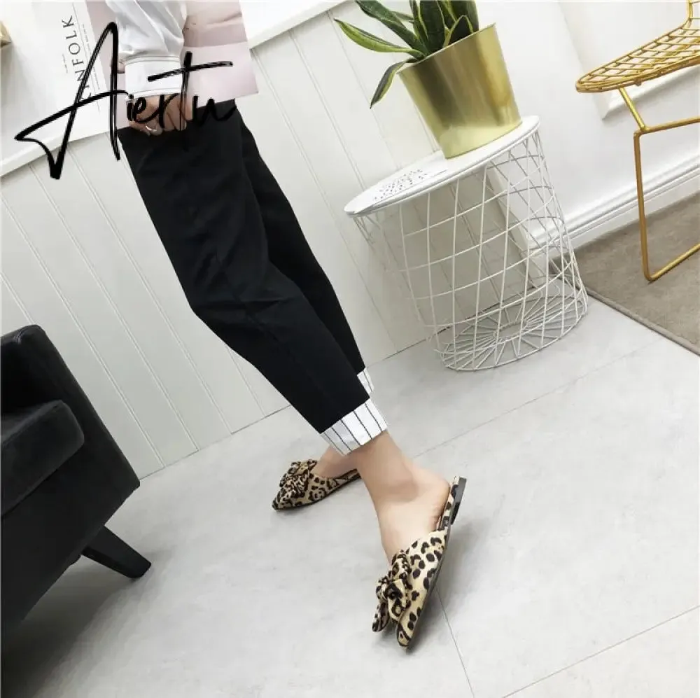 Aiertu Women Slippers Pointed Toe Leopard Bow Mules Shoes Slip On Fashion Outside Shallow Beach Shoes Slides Flats Heeled Size 35-40