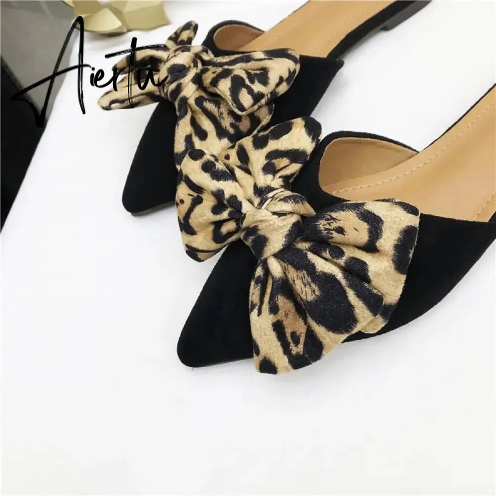 Aiertu Women Slippers Pointed Toe Leopard Bow Mules Shoes Slip On Fashion Outside Shallow Beach Shoes Slides Flats Heeled Size 35-40