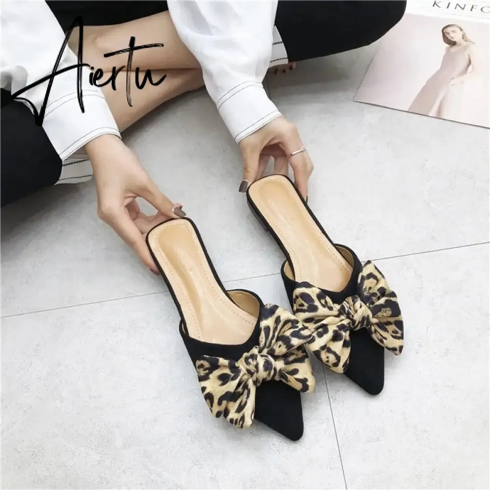 Aiertu Women Slippers Pointed Toe Leopard Bow Mules Shoes Slip On Fashion Outside Shallow Beach Shoes Slides Flats Heeled Size 35-40