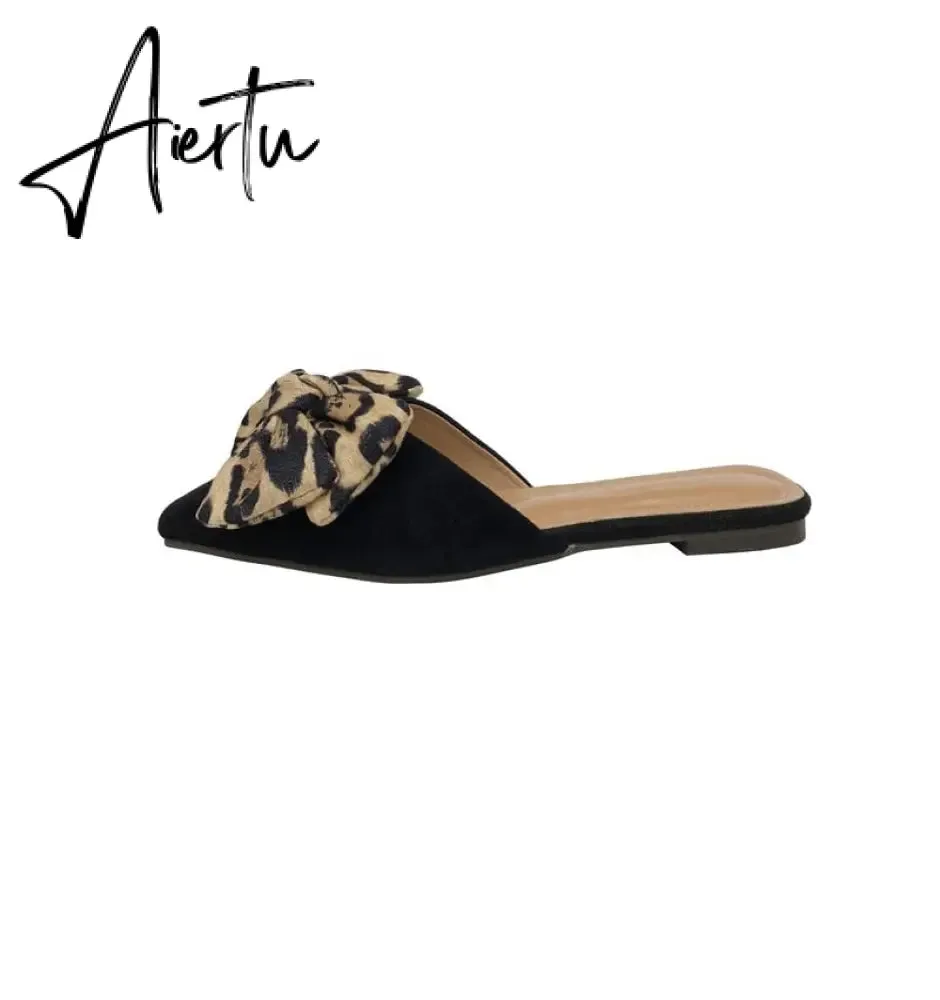 Aiertu Women Slippers Pointed Toe Leopard Bow Mules Shoes Slip On Fashion Outside Shallow Beach Shoes Slides Flats Heeled Size 35-40