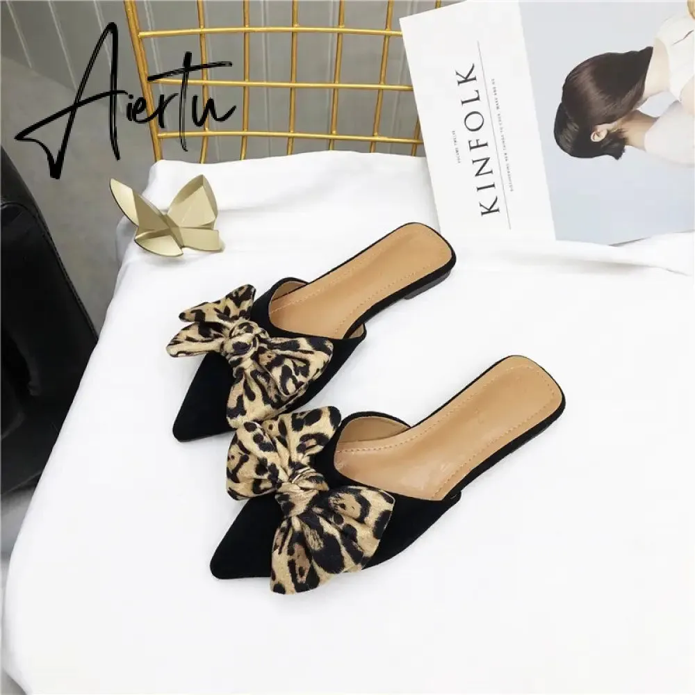 Aiertu Women Slippers Pointed Toe Leopard Bow Mules Shoes Slip On Fashion Outside Shallow Beach Shoes Slides Flats Heeled Size 35-40