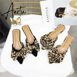 Aiertu Women Slippers Pointed Toe Leopard Bow Mules Shoes Slip On Fashion Outside Shallow Beach Shoes Slides Flats Heeled Size 35-40