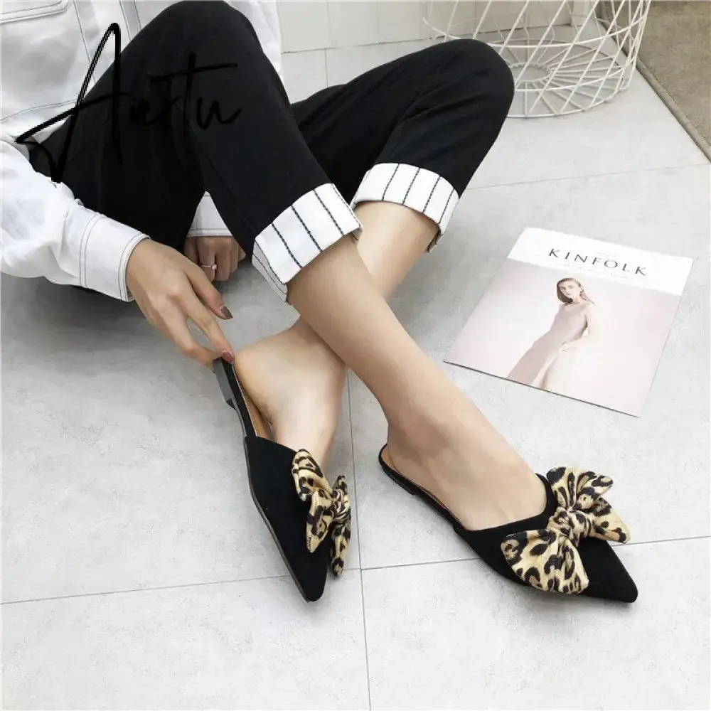 Aiertu Women Slippers Pointed Toe Leopard Bow Mules Shoes Slip On Fashion Outside Shallow Beach Shoes Slides Flats Heeled Size 35-40
