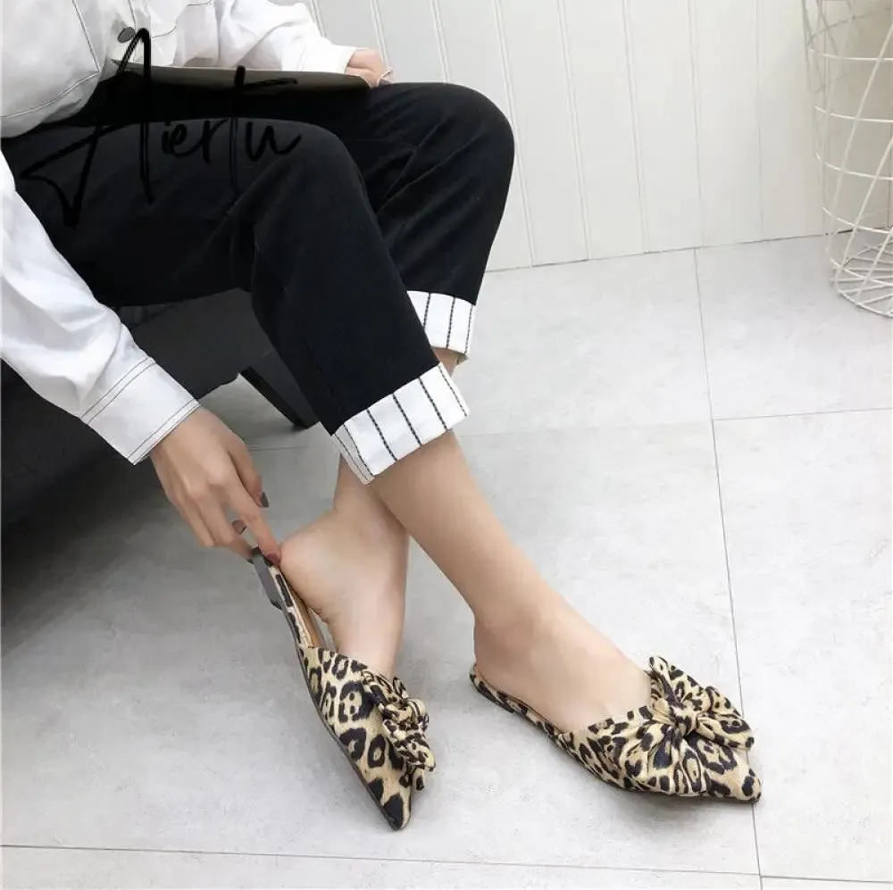 Aiertu Women Slippers Pointed Toe Leopard Bow Mules Shoes Slip On Fashion Outside Shallow Beach Shoes Slides Flats Heeled Size 35-40