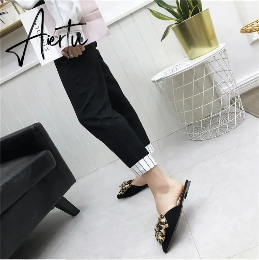 Aiertu Women Slippers Pointed Toe Leopard Bow Mules Shoes Slip On Fashion Outside Shallow Beach Shoes Slides Flats Heeled Size 35-40