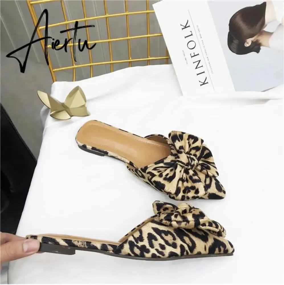 Aiertu Women Slippers Pointed Toe Leopard Bow Mules Shoes Slip On Fashion Outside Shallow Beach Shoes Slides Flats Heeled Size 35-40