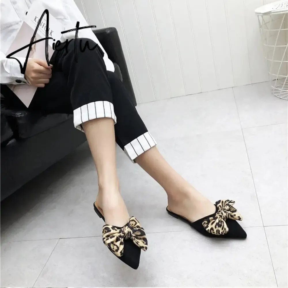 Aiertu Women Slippers Pointed Toe Leopard Bow Mules Shoes Slip On Fashion Outside Shallow Beach Shoes Slides Flats Heeled Size 35-40