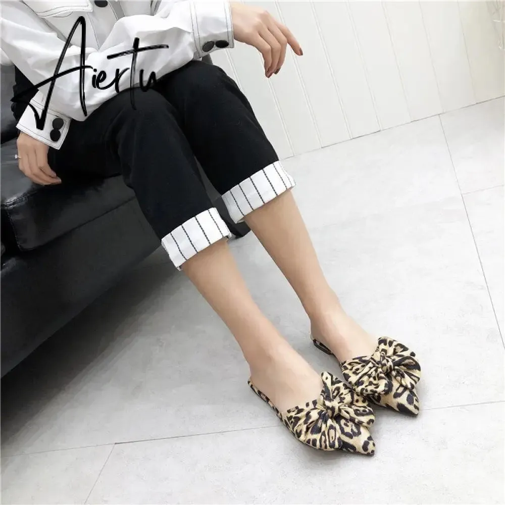 Aiertu Women Slippers Pointed Toe Leopard Bow Mules Shoes Slip On Fashion Outside Shallow Beach Shoes Slides Flats Heeled Size 35-40