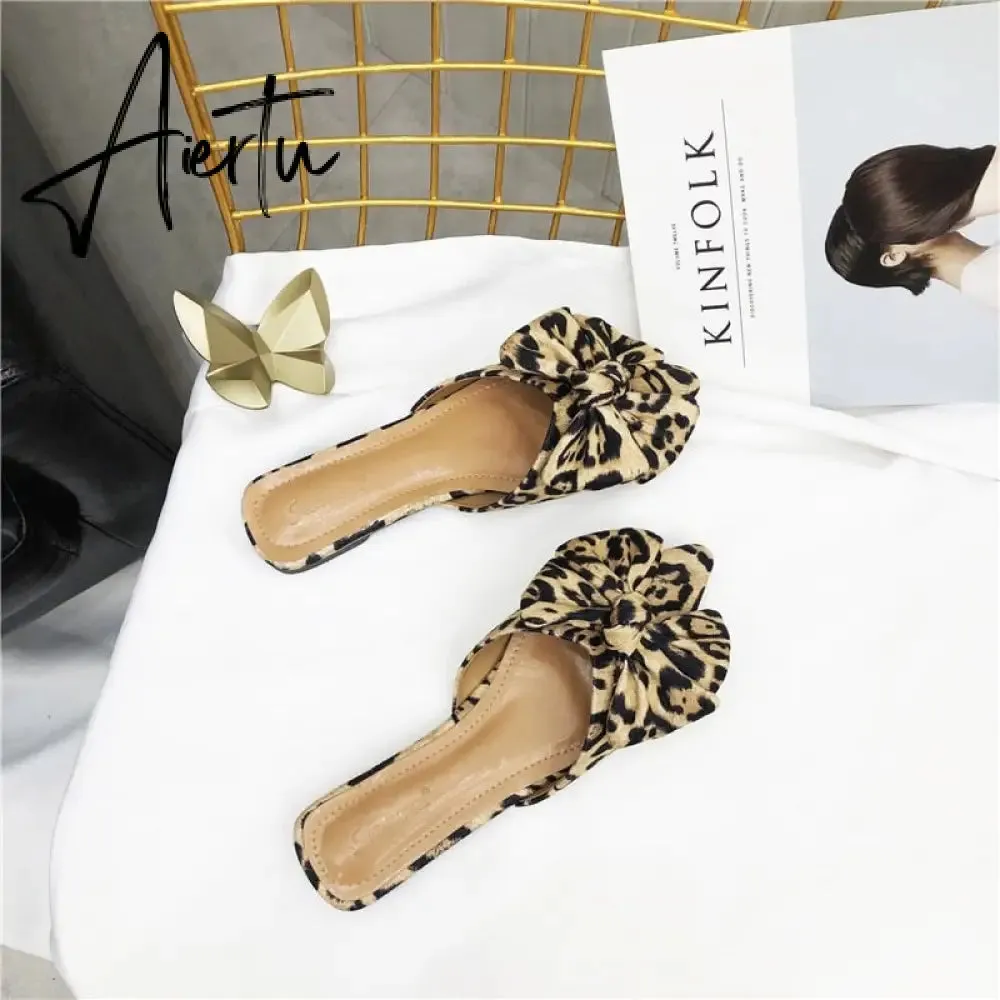 Aiertu Women Slippers Pointed Toe Leopard Bow Mules Shoes Slip On Fashion Outside Shallow Beach Shoes Slides Flats Heeled Size 35-40