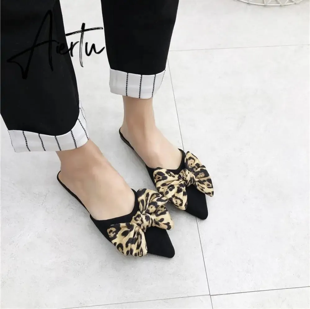 Aiertu Women Slippers Pointed Toe Leopard Bow Mules Shoes Slip On Fashion Outside Shallow Beach Shoes Slides Flats Heeled Size 35-40