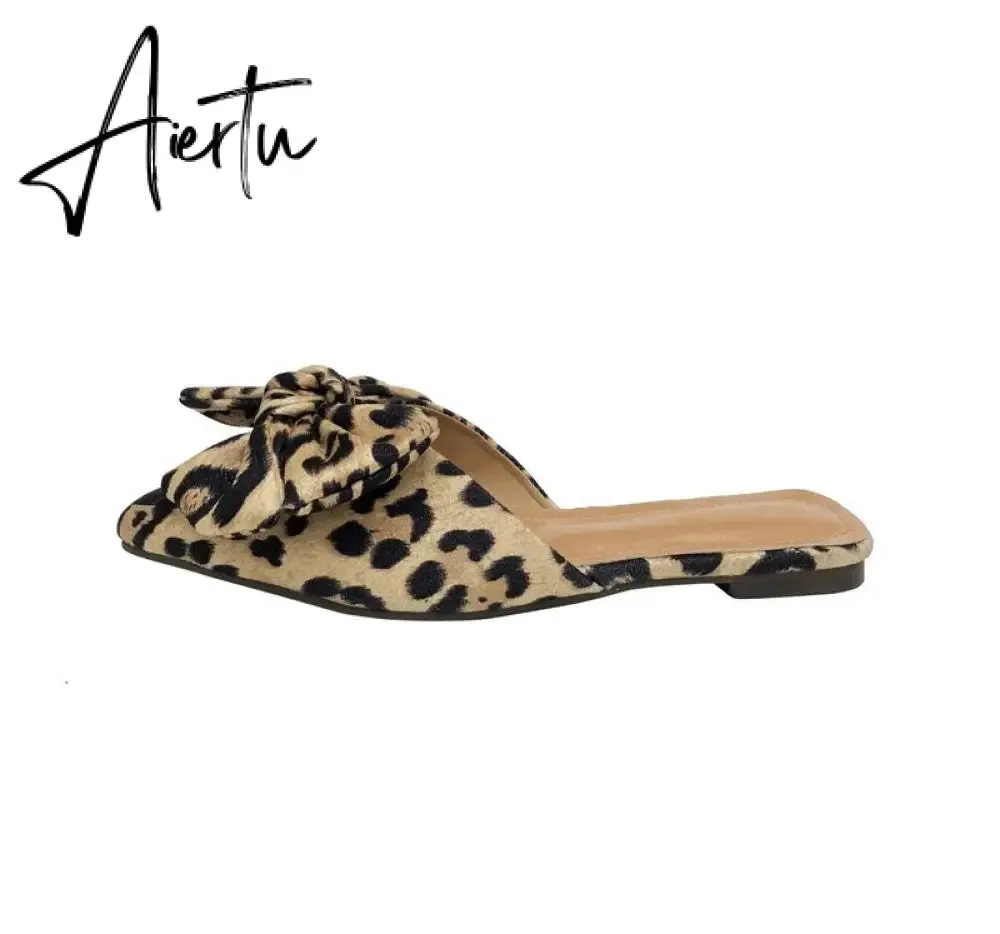 Aiertu Women Slippers Pointed Toe Leopard Bow Mules Shoes Slip On Fashion Outside Shallow Beach Shoes Slides Flats Heeled Size 35-40
