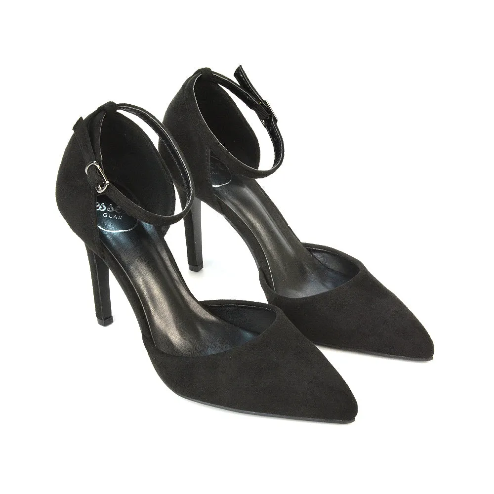 Ami High Heel Stilettos Pointed Toe Strappy Court Shoes in Black Faux Suede