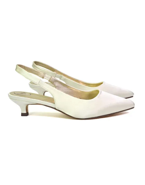 Avalone Pointed Toe Sling Back Strappy Sandals Bridal Shoes with Kitten Heel in Ivory