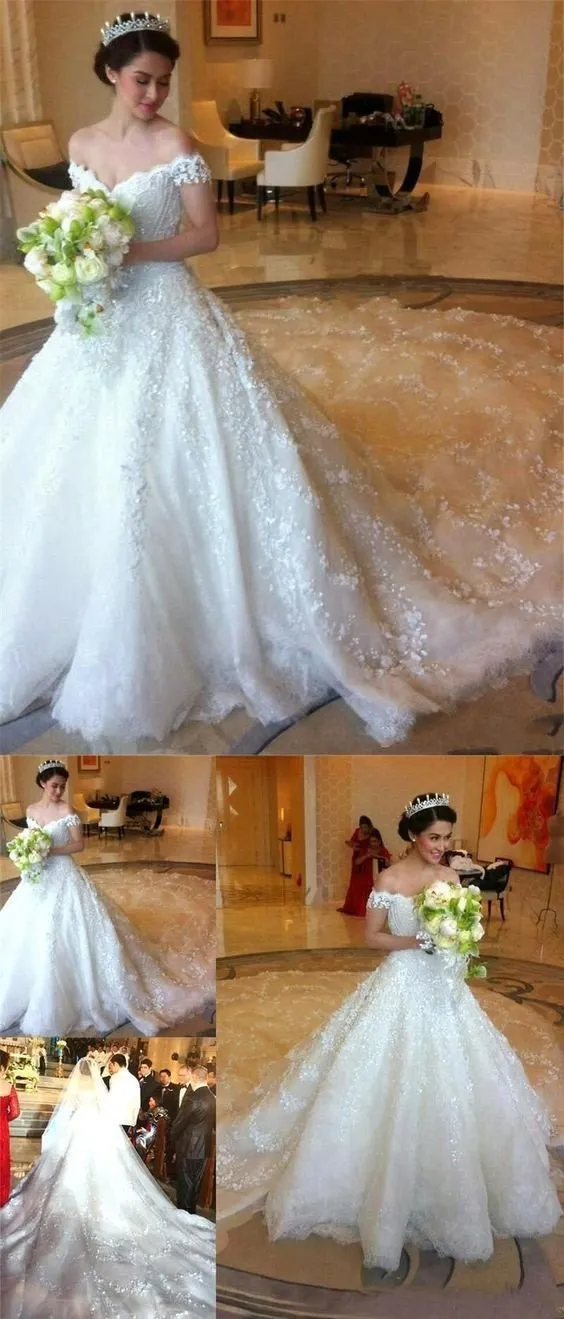 Ball Gown Romantic Long Train Luxury Off the Shoulder Wedding Dresses DME97