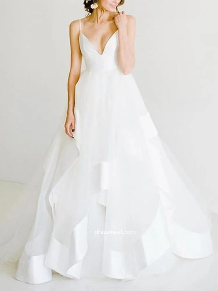 Beautiful Ball Gown V Neck Spaghetti Straps Backless Long Wedding Dresses with Train DME23