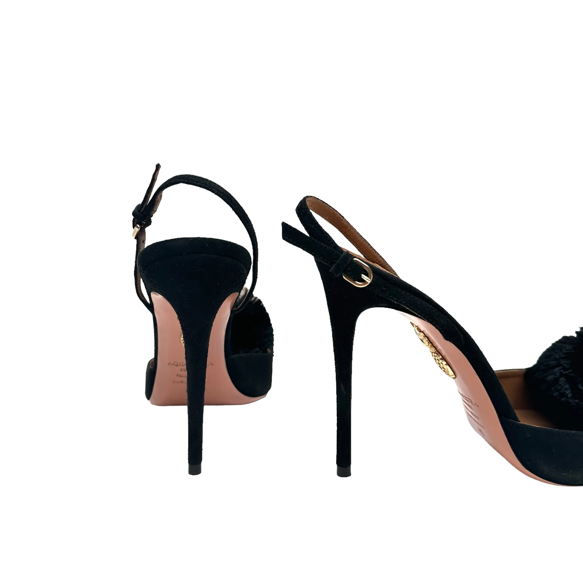 Black Suede Heels w/Pom Poms - 10