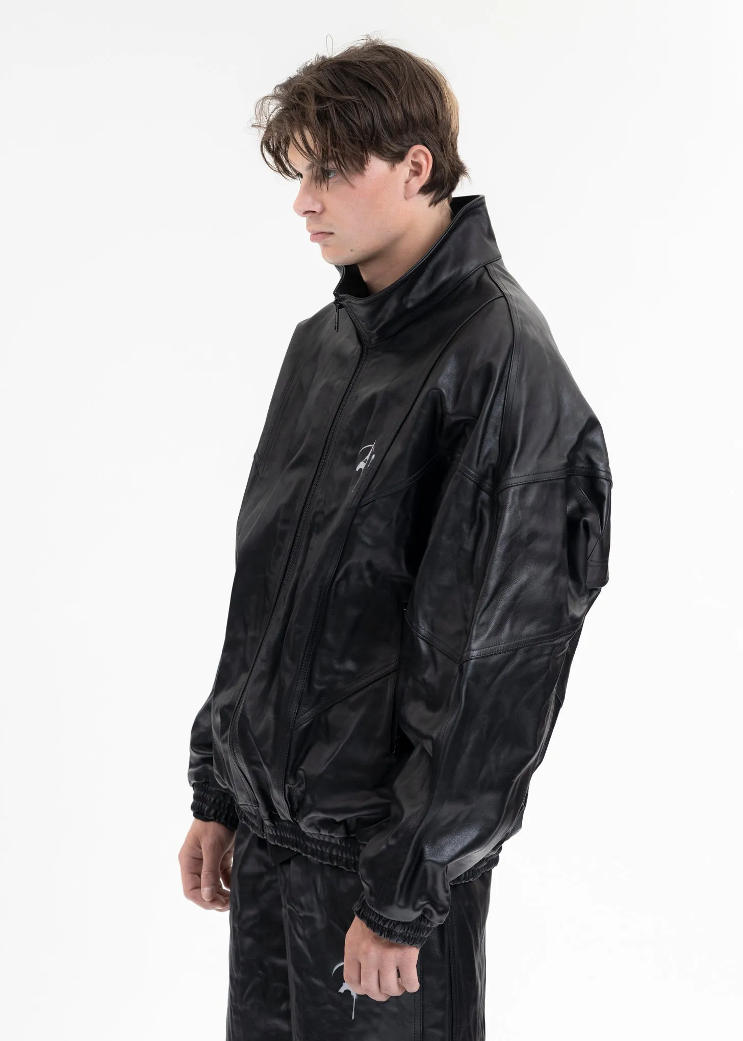 BLACK WRINKLE LEATHER TRACK JACKET