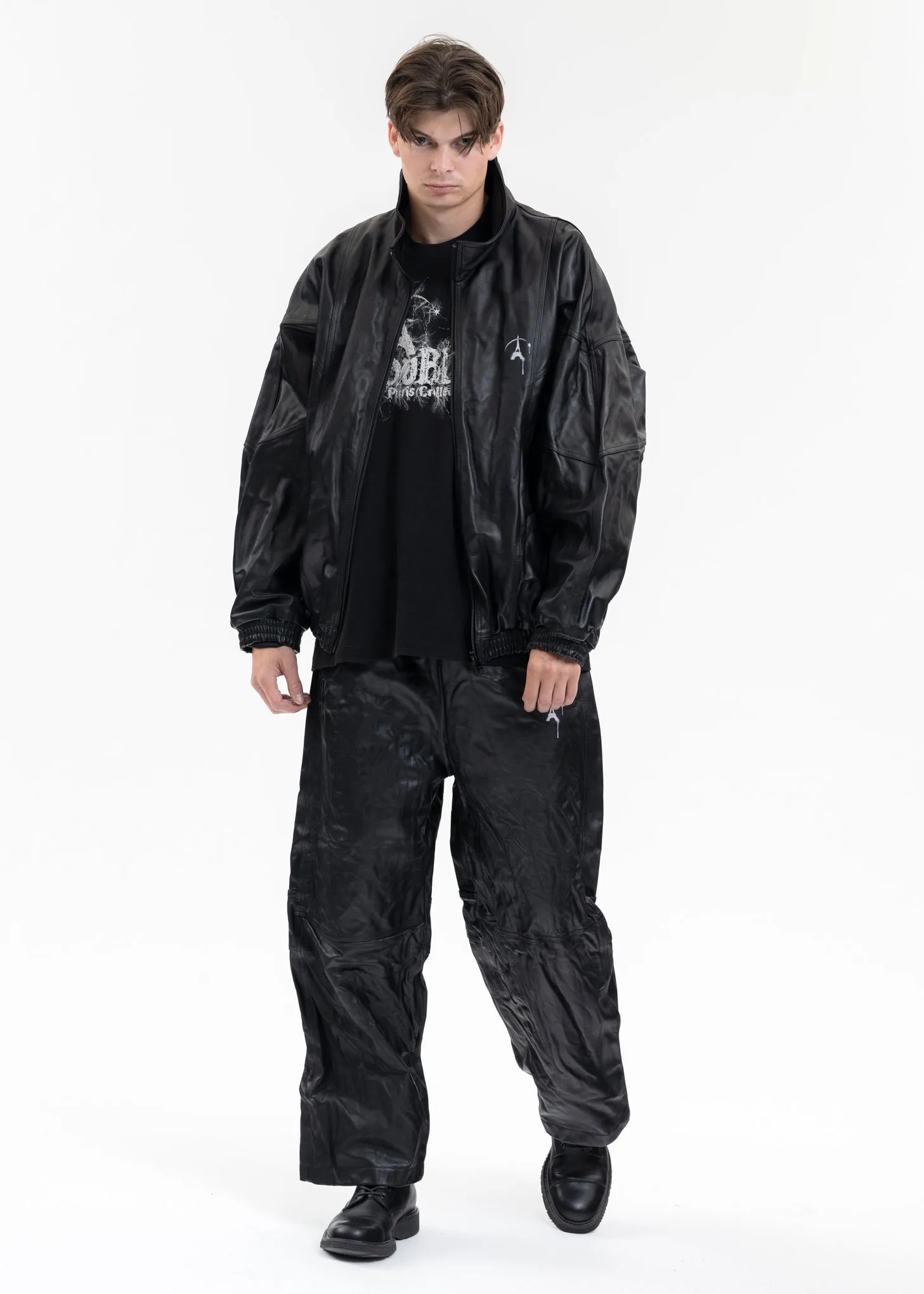 BLACK WRINKLE LEATHER TRACK JACKET