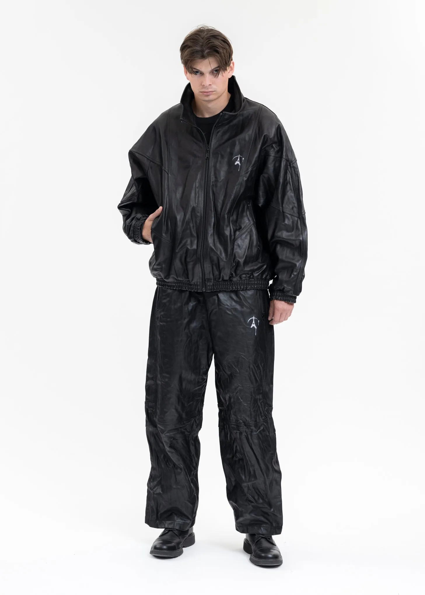 BLACK WRINKLE LEATHER TRACK JACKET