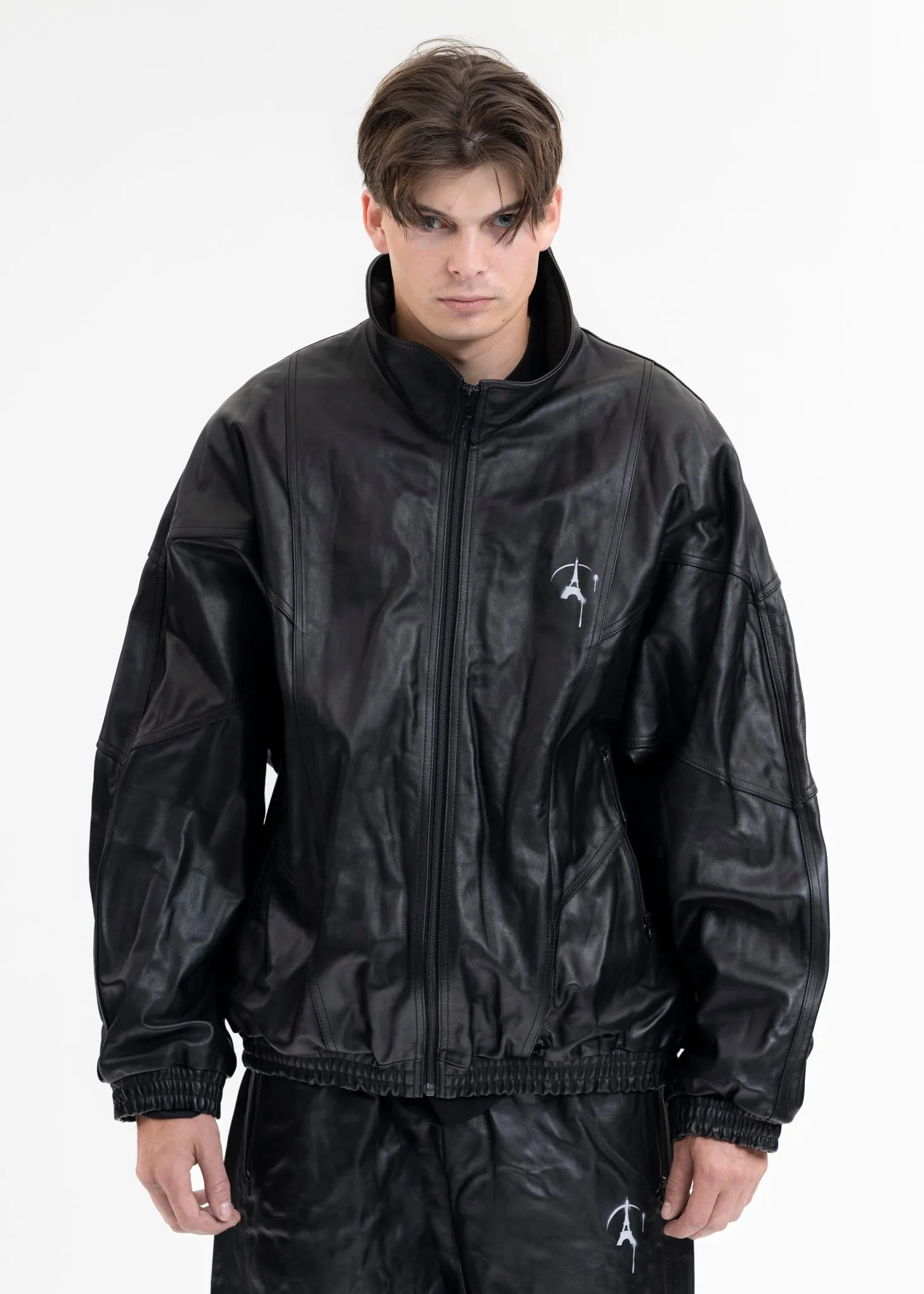 BLACK WRINKLE LEATHER TRACK JACKET