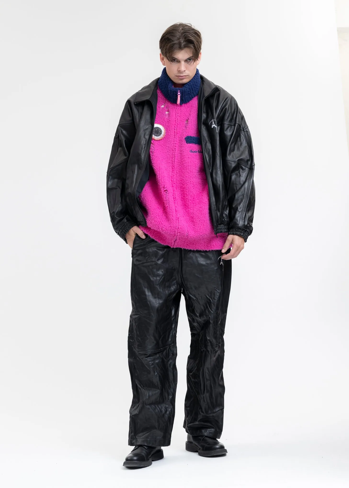 BLACK WRINKLE LEATHER TRACK JACKET