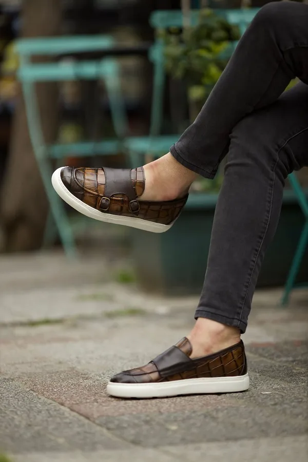 Brown Crocodile Pattern Monk Strap Shoes for Men | GentWith