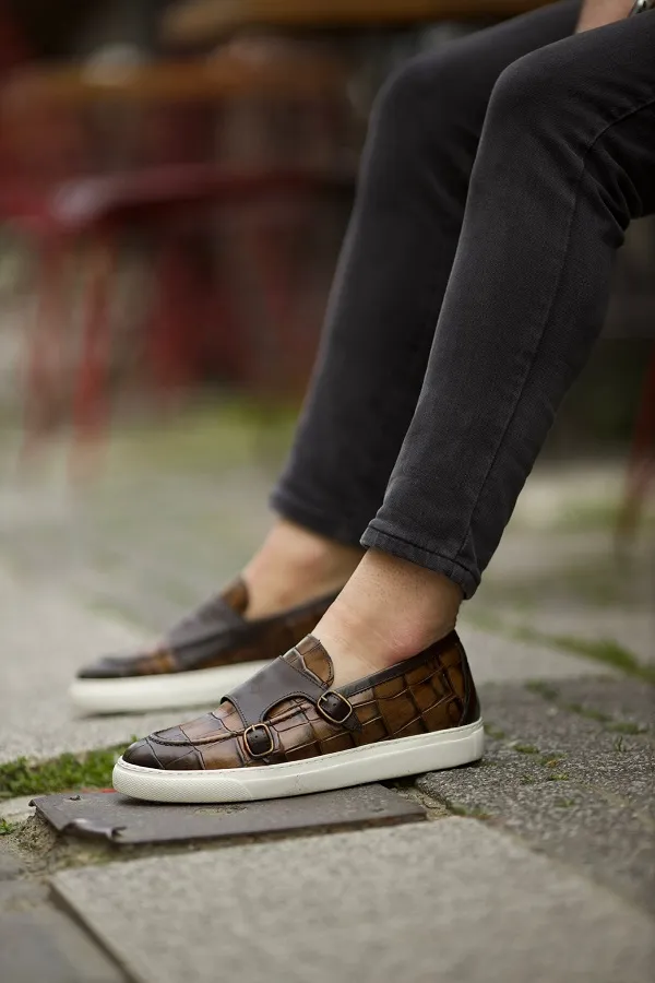 Brown Crocodile Pattern Monk Strap Shoes for Men | GentWith