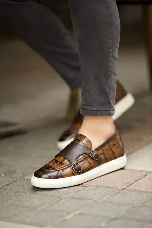Brown Crocodile Pattern Monk Strap Shoes for Men | GentWith