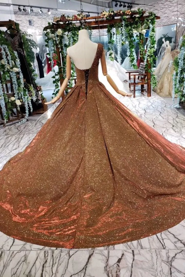 Brown One Shoulder Lace Up Back Sequins Beads Prom Dresses DML19