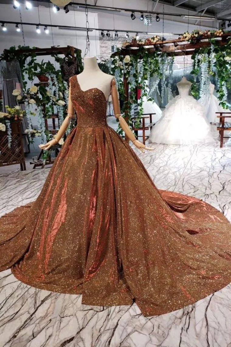 Brown One Shoulder Lace Up Back Sequins Beads Prom Dresses DML19
