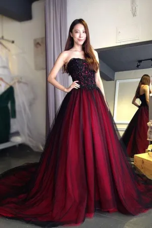 Burgundy Lace Tulle A Line Strapless Long Prom Dress DM947