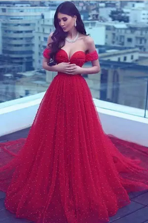 Charming A-Line Off-the-Shoulder Court Train Red Tulle Prom Dress DM915