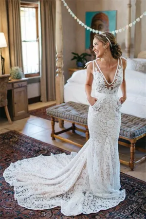 Charming V-Neck Sleeveless Mermaid Backless Lace Pocket Wedding Dress With Court Train DM598