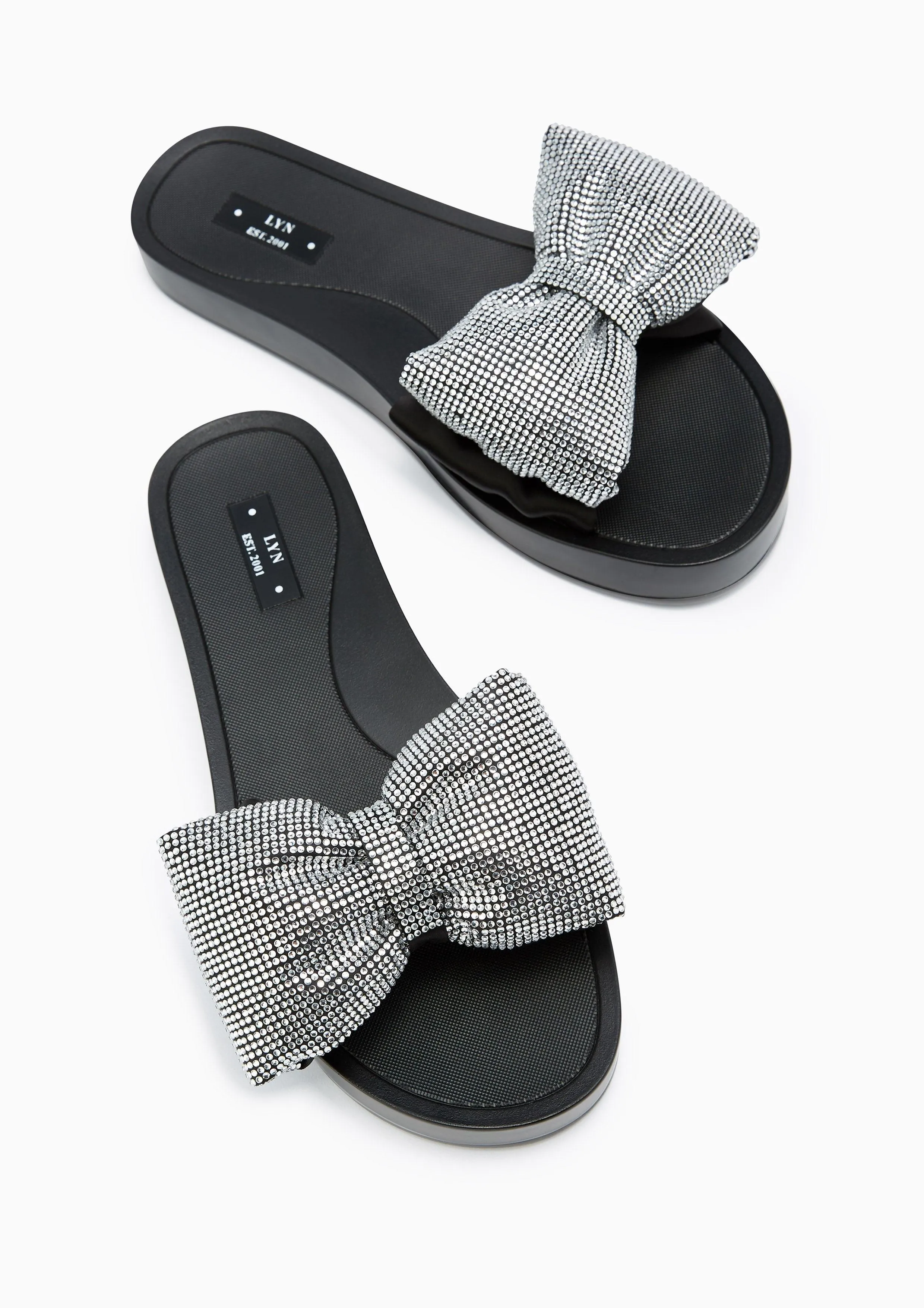 Clover Crystal Flat Sandals Black