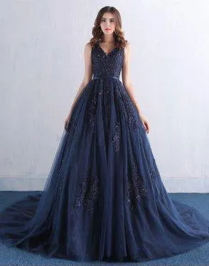 Dark Blue V Neck A Line Appliques Tulle Long Prom Dress DM820