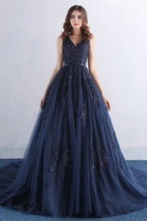 Dark Blue V Neck A Line Appliques Tulle Long Prom Dress DM820