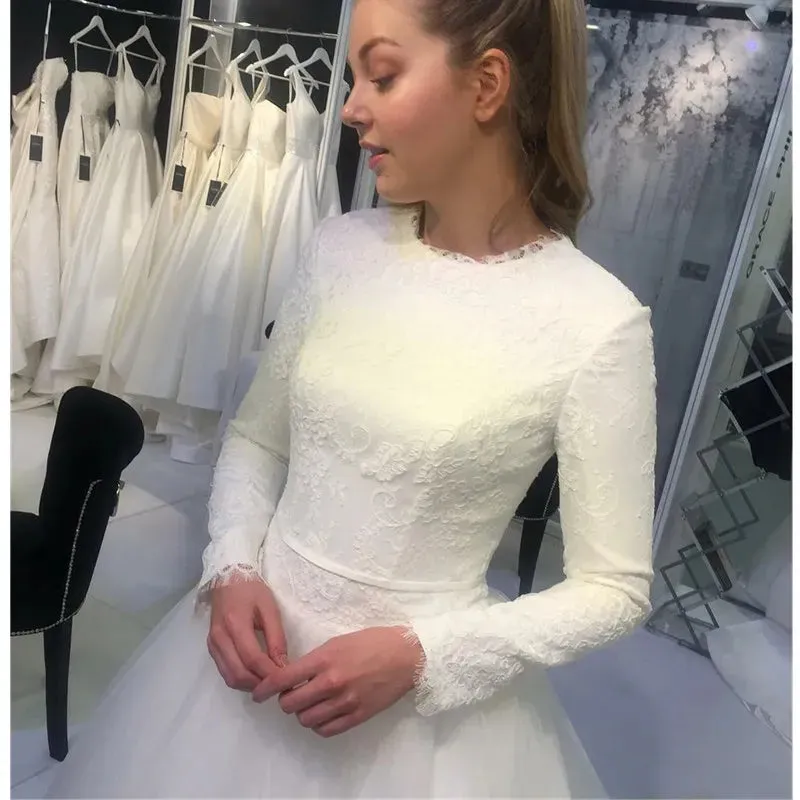 Decent Jewel Neck White Long Sleeve Wedding Dresses For Sale Lace Appliques Winter With Court Train Muslim 328 328