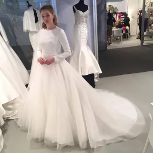 Decent Jewel Neck White Long Sleeve Wedding Dresses For Sale Lace Appliques Winter With Court Train Muslim 328 328