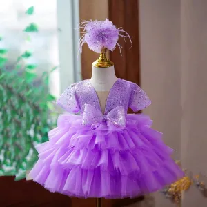 Elegant Baby 1st Birthday Party Fluffy Bow Short Sleeve Girls Princess Dress