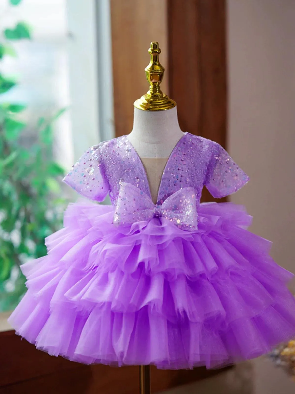 Elegant Baby 1st Birthday Party Fluffy Bow Short Sleeve Girls Princess Dress