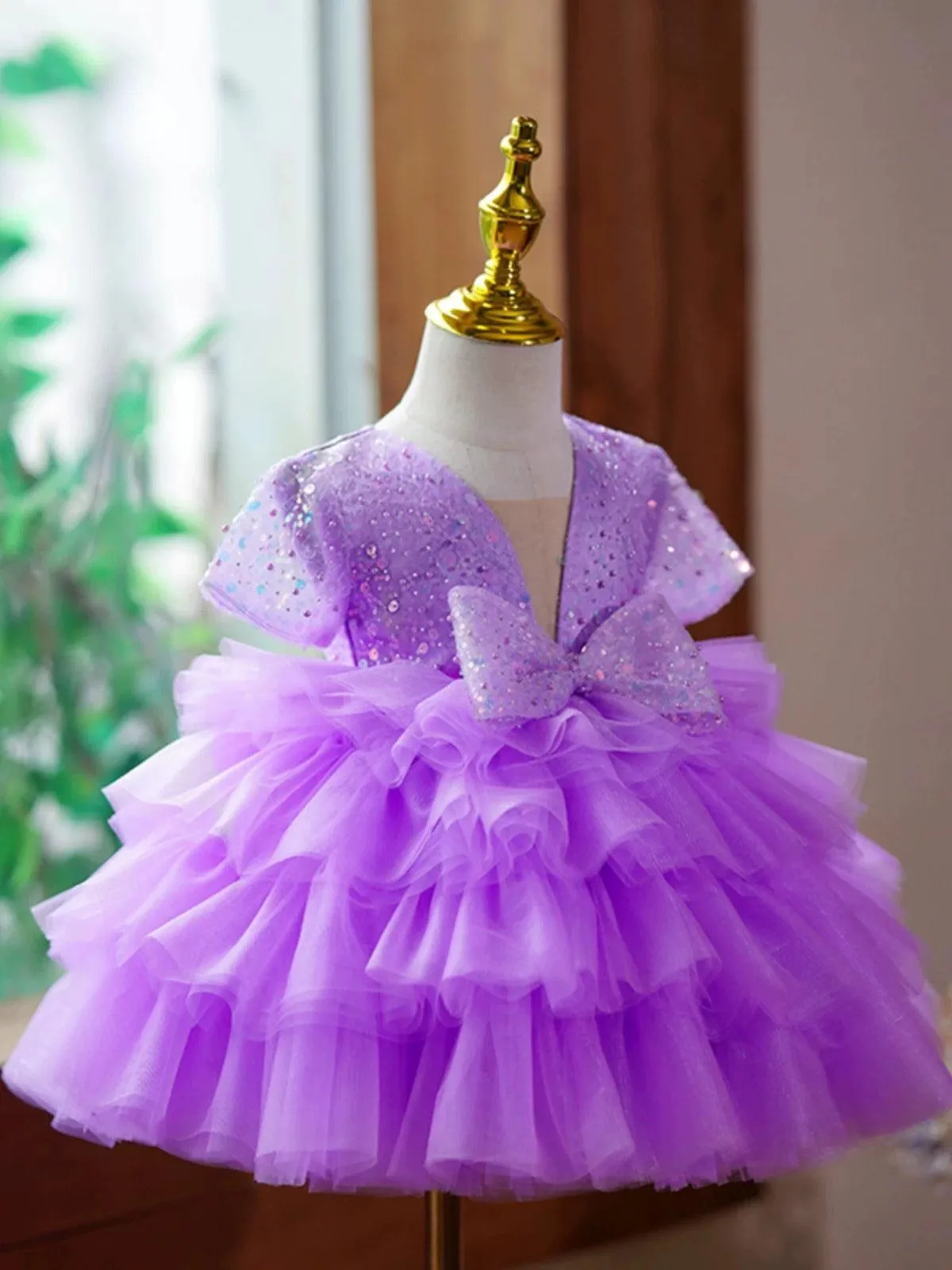 Elegant Baby 1st Birthday Party Fluffy Bow Short Sleeve Girls Princess Dress