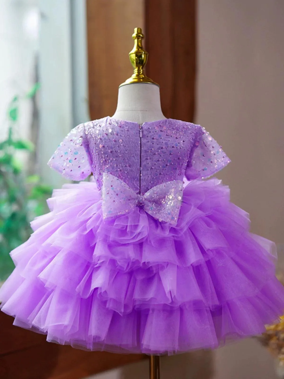 Elegant Baby 1st Birthday Party Fluffy Bow Short Sleeve Girls Princess Dress