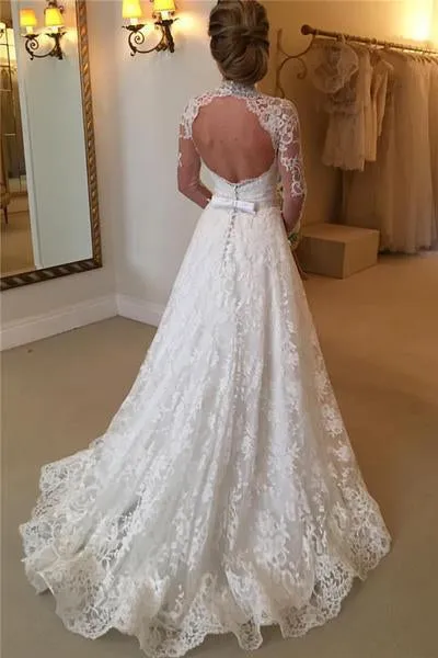 Elegant Lace A-line Long Sleeves High Neck Open Back Wedding Dresses DM542
