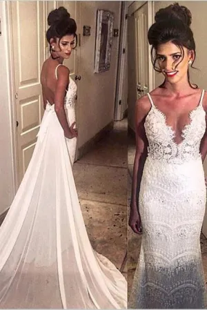 Elegant Spaghetti Straps Mermaid Long Lace Backless Wedding Dresses with Court Train DMB02
