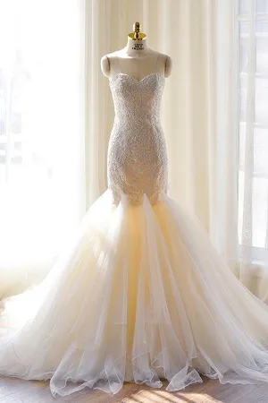 Fashion Tulle Mermaid Lace Appliques Sweetheart Wedding Dress With Count Train DM590